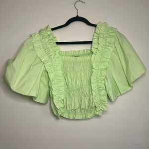 Zara Green Ruffle Crop Top L Cotton Smocked Puff Sleeve‎ Cottagecore
